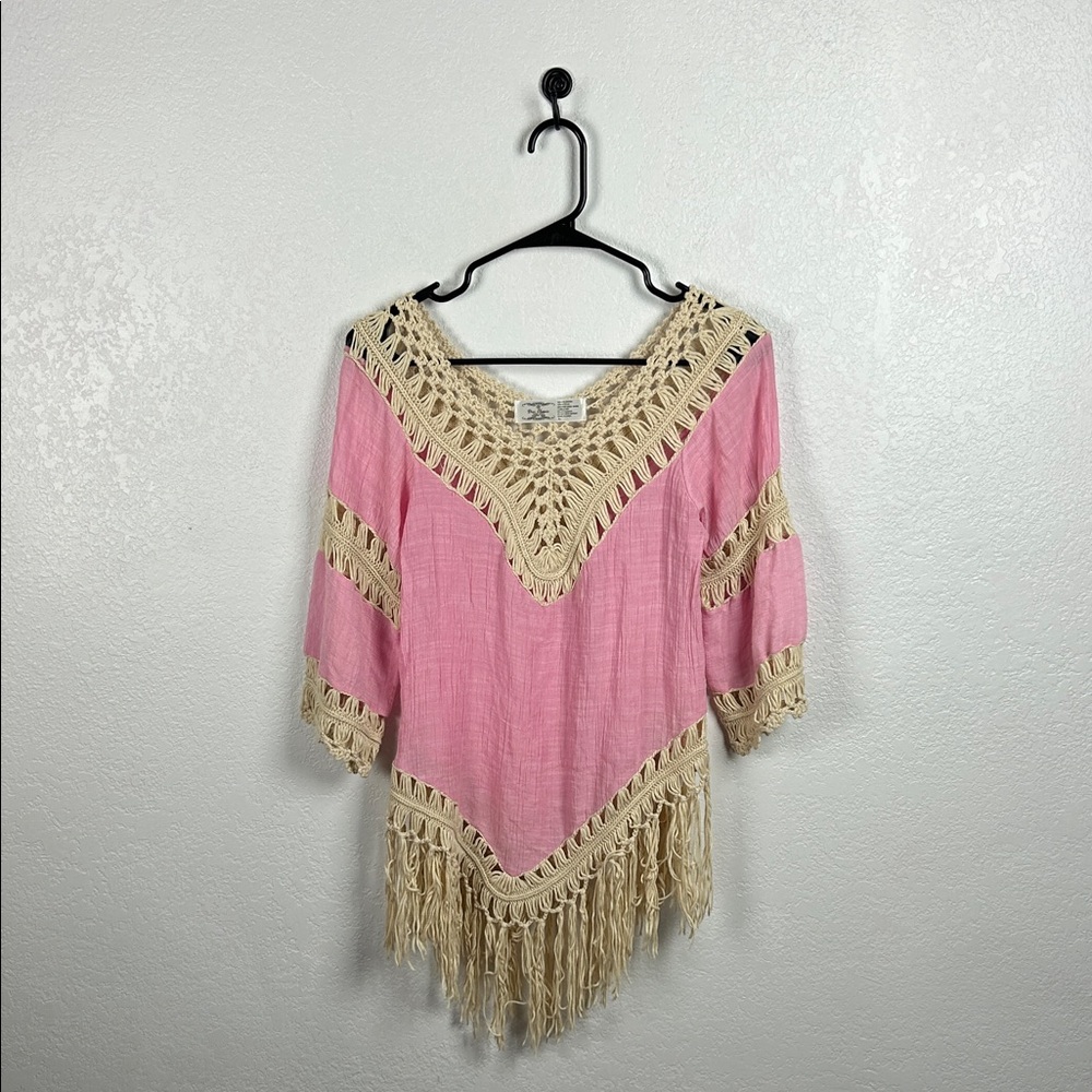 Diri Classic Women’s Pink Tan Crochet Top Fringed Hem  3/4 Sleeve Sz L Hippie